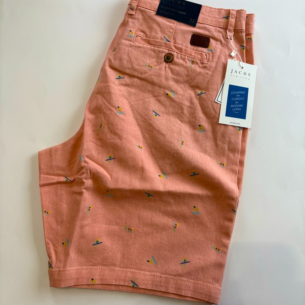 Jachs NY Men's 33 Peach Bleecker Shorts Surfing Print Stretch‎ Twill Flat Front